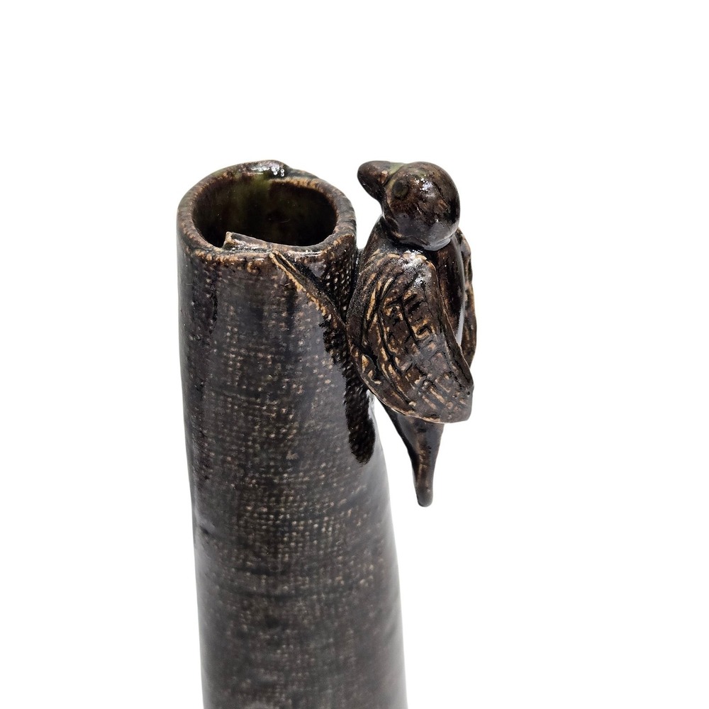 Studio Art Pottery Bird 8.25" Tall Bud Vase Brown Burlap Glaze Hand Made Signed